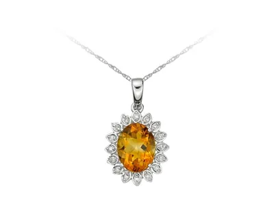 10K White Gold 9x7mm Oval Cut Citrine and 0.053cttw Diamond Halo Pendant - 18 Inches