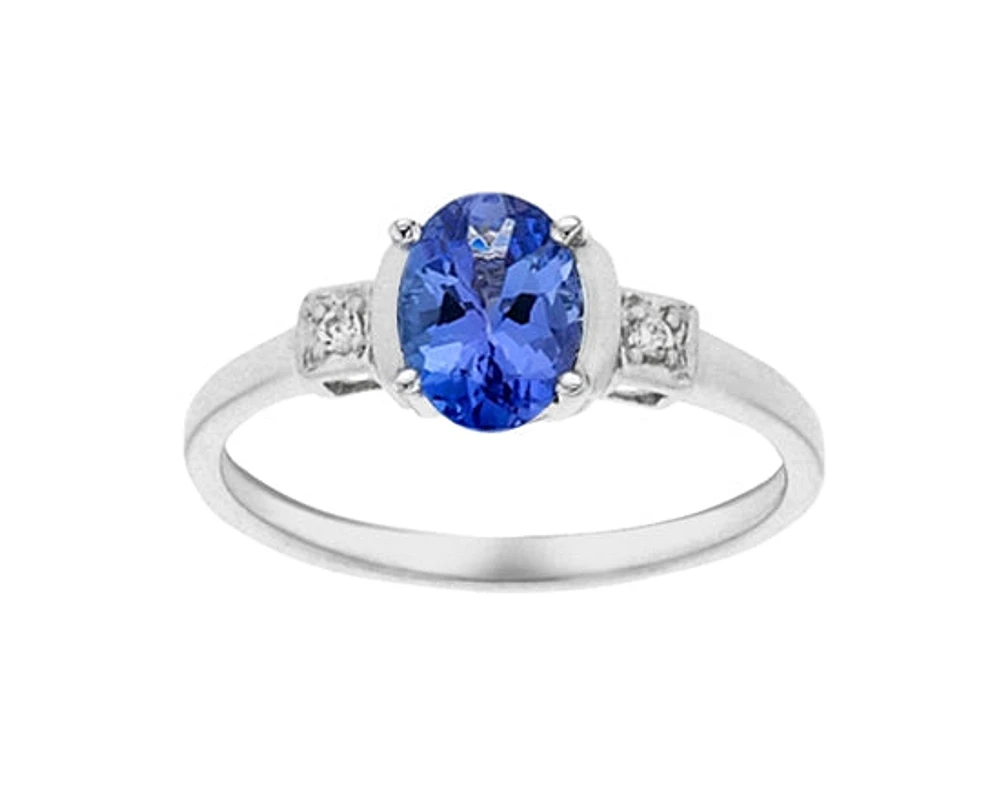 10K White Gold 7x5mm Oval Cut Tanzanite and 0.02cttw Diamond Ring - Size 7