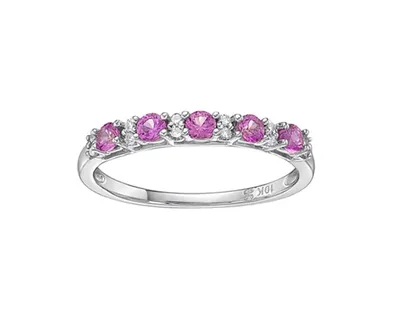 10K White Gold 2.6mm Round Cut Created Pink Sapphire and 0.10cttw Diamond Ring - Size 7
