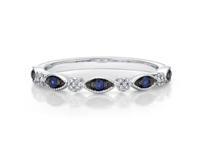 10K White Gold Round Cut Sapphire and 0.07cttw Diamond Stack Ring