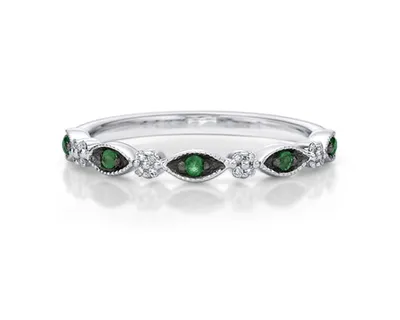 10K White Gold Round Cut Emerald and 0.07cttw Diamond Stack Ring - Size 7