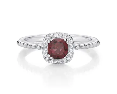 10K White Gold 5mm Cushion Cut Garnet and 0.10cttw Diamond Halo Stack Ring - Size 7