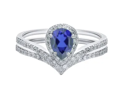 14K White Gold 7x5mm Pear Cut Sapphire and 0.36cttw Diamond Halo Ring - Size 7