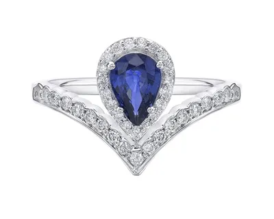 14K White Gold 7x5mm Pear Cut Sapphire and 0.30cttw Diamond Halo Ring - Size 7