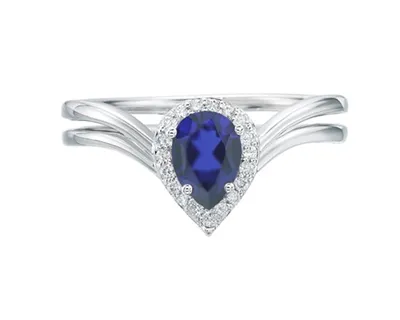 14K White Gold 7x5mm Pear Cut Sapphire and 0.10cttw Diamond Halo Ring - Size 7