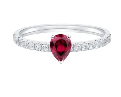 14K White Gold 6x4mm Pear Cut Ruby and 0.28cttw Diamond Ring - Size 7