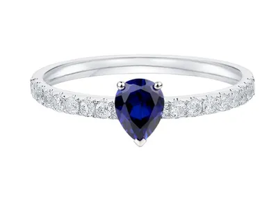 14K White Gold 6x4mm Pear Cut Sapphire and 0.28cttw Diamond Ring - Size 7