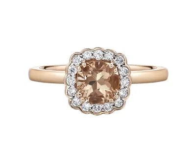 14K Rose Gold 6mm Cushion Cut Morganite and 0.20cttw Diamond Scallop Halo Ring - Size 7