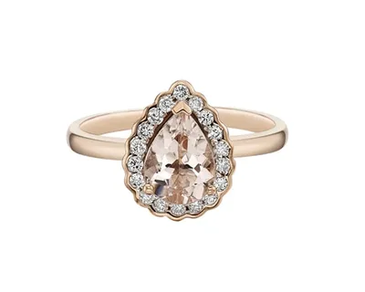 14K Rose Gold 8x6mm Pear Cut Morganite and 0.18cttw Diamond Scallop Halo Ring - Size 7