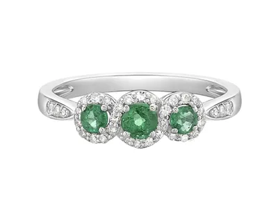 14K White Gold 3.50mm and 2.80mm Round Cut Emerald and 0.18cttw Diamond Halo Ring - Size 7