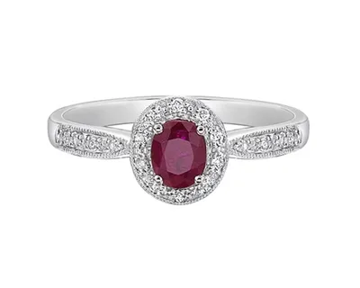 14K White Gold 5x4mm Oval Cut Ruby and 0.10cttw Diamond Halo Ring - Size 7