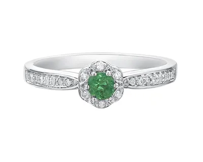 14K White Gold 3.5mm Round Cut Emerald and 0.11cttw Diamond Halo Ring - Size 7