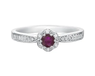 14K White Gold 3.5mm Round Cut Ruby and 0.11cttw Diamond Scallop Halo Ring - Size 7
