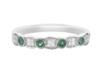14K White Gold 2.20mm Round Cut Emerald and 0.11cttw Diamond Ring - Size 7