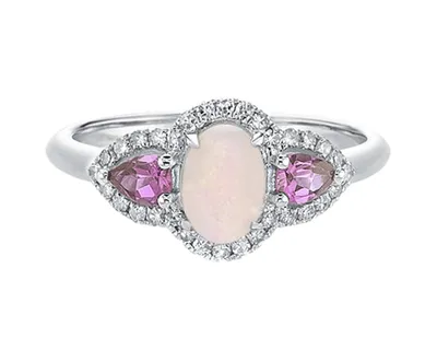 10K White Gold 7x5mm Oval Cut Opal, 4x3mm Pear Cut Pink Sapphire and 0.18cttw Diamond Halo Ring - Size 7