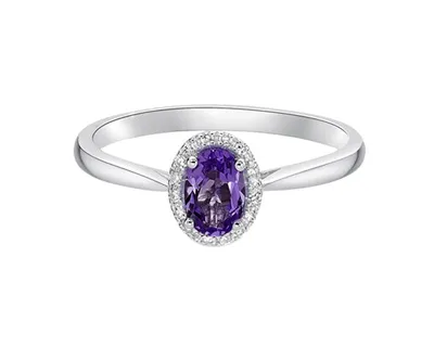 10K White Gold 6x4mm Oval Cut Amethyst and 0.06cttw Diamond Halo Ring, size 7