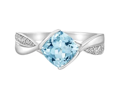 10K White Gold 7mm Cushion Cut Swiss Blue Topaz and 0.14cttw Diamond Ring - Size 7