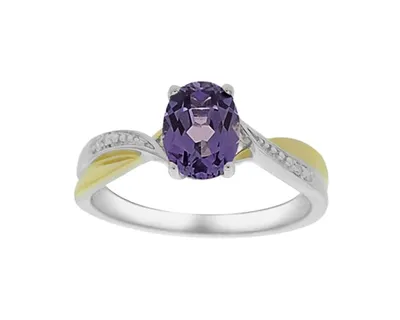 10K Two-Tone White and Yellow Gold Oval Cut Created Alexandrite and 0.02cttw Diamond Ring - Size 7