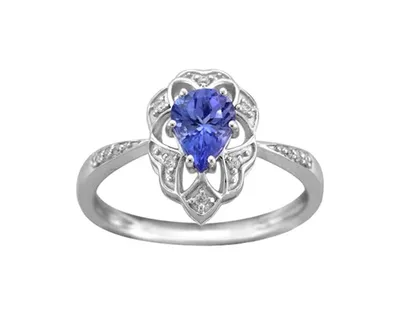 10K White Gold 7x5mm Pear Cut Tanzanite and 0.08cttw Diamond Ring - Size 7