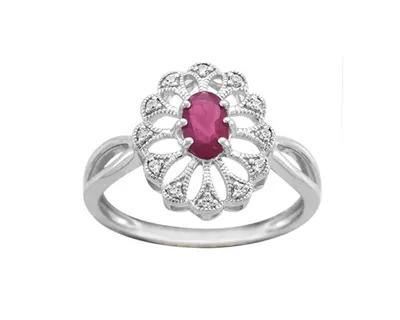 10K White Gold 6x4mm Oval Cut Ruby and 0.05cttw Diamond Scallop Halo Ring - Size 7