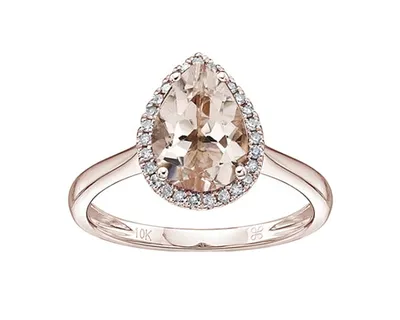 10K Rose Gold 10x7mm Pear Cut Morganite and 0.135cttw Diamond Halo Ring - Size 7