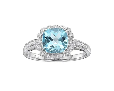 10K White Gold 7mm Cushion Cut Swiss Blue Topaz and 0.07cttw Diamond Scallop Ring - Size 7