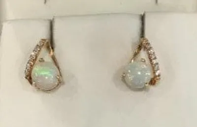 14K Yellow Gold Opal and 0.10cttw Diamond Stud Earrings