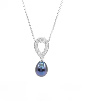 Silver Fresh Water Black Pearl & Cubic Zirconia Necklace 18"