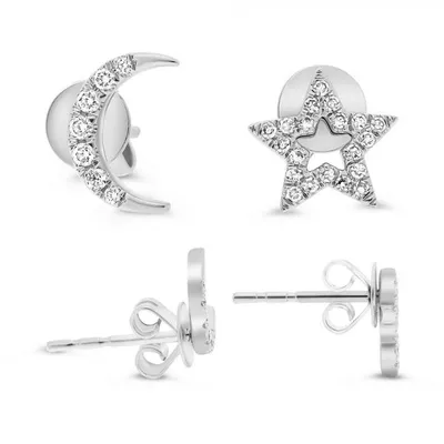 14K White Gold 0.12cttw Diamond Moon and Star Stud Earring