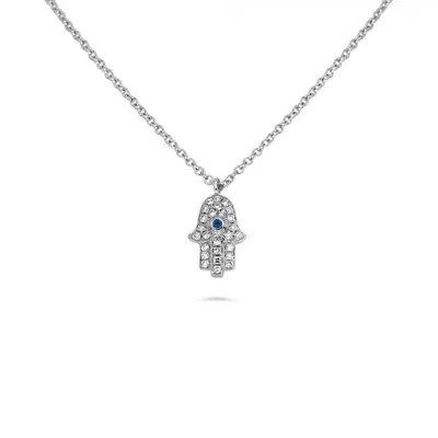 14K White Gold Sapphire and Diamond Evil Eye Hamsa Necklace, 18"