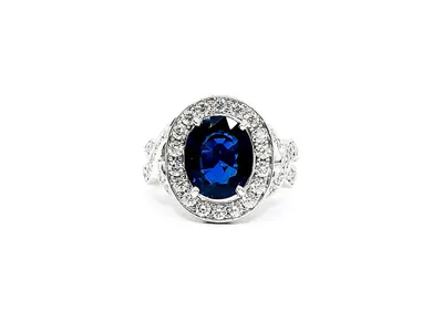 14K White Gold 3.16cttw Genuine Sapphire & 1.15cttw Diamond Ring, Size 6