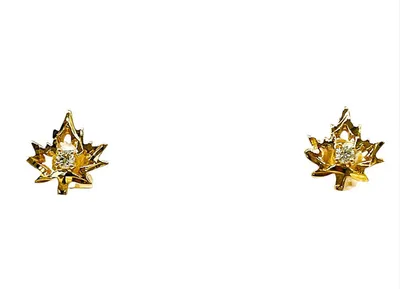 14K Yellow Gold 0.06cttw Diamond Little Leaf Stud Earrings with Butterfly Backs