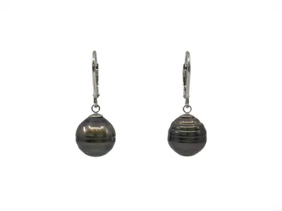 14K White Gold 12mm Tahitian Pearl Dangle Earrings with Lever Back Closure