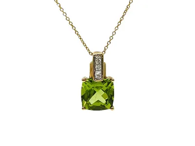 10K Yellow Gold 7mm Cushion Cut Peridot and 0.026cttw Diamond Pendant, 18"