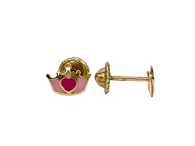 10K Yellow Gold Pink Enamel Crown Earrings with Screw Backs - 5mm x 7mm