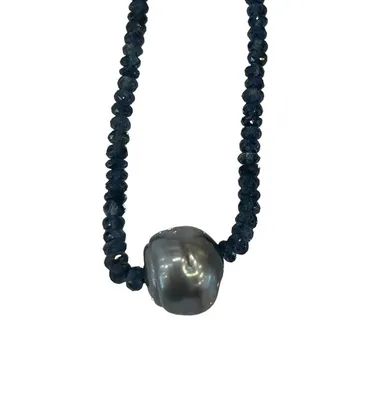 18K White Gold Faceted Sapphire Bead and Tahitian Pearl Strand - 18"