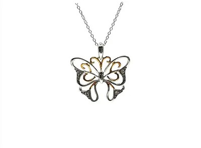 10K 2 Tone Gold 0.02cttw Diamond Butterfly Pendant, 18"