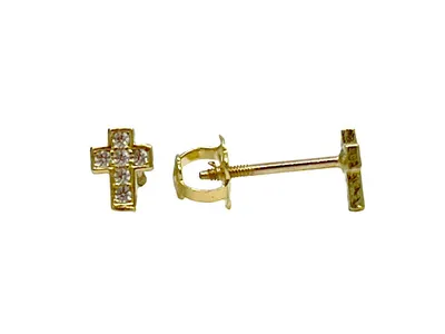 10K Yellow Gold Cubic Zirconia Cross Stud Earrings with Screw Backs - 5.0 x 3.6mm