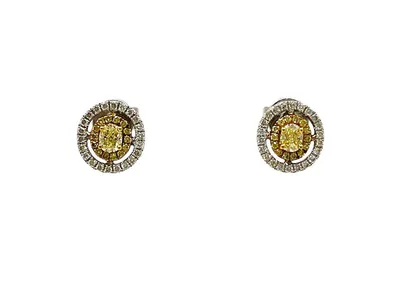 18K White & Yellow Gold White and Fancy Yellow Natural Diamond Halo Earrings