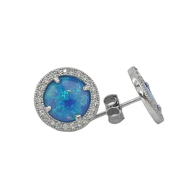 925 Sterling Silver Rhodium Plated Created Opal & Cubic Zirconia Halo Stud Earrings with Butterfly Backs