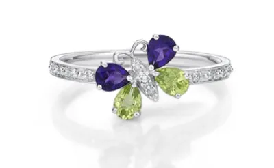 10K White Gold Amethyst, Peridot and Diamond Ring, size 7