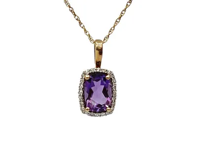 10K Yellow Gold Amethyst and Diamond Pendant, 18"