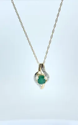 10K Yellow Gold Emerald and Diamond Pendant, 18"