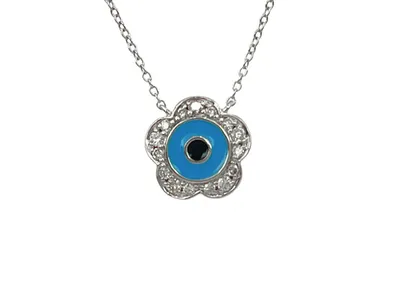 10K White Gold Blue Enamel and Diamond Necklace, 18"