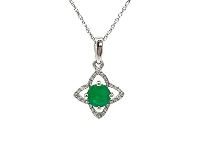 10/14K White Gold Emerald and Diamond Pendant, 18"