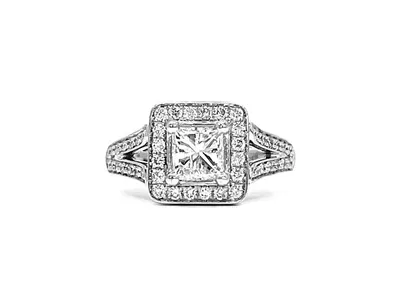 14K White Gold 1.27cttw Princess Cut Diamond Halo Engagement Ring, size 6