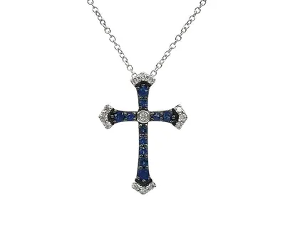 10K White Gold 0.15cttw Sapphire and 0.07cttw Diamond Cross Pendant - 18 inches