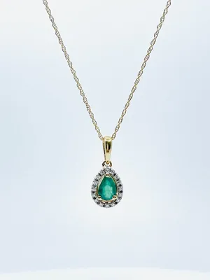 10K Yellow Gold Emerald and Diamond Pendant, 18"