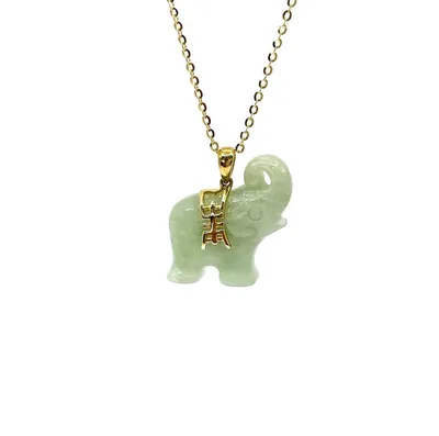 10K Yellow Gold Genuine Jade Elephant Pendant, 18"