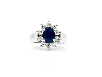 14K White Gold 0.60cttw Genuine Blue Sapphire and 0.40cttw Diamond Halo Ring, size 6